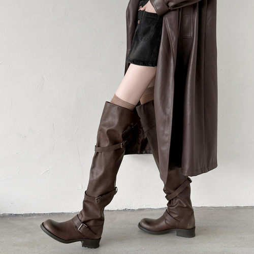 4cm粗跟真皮过膝骑士女长靴