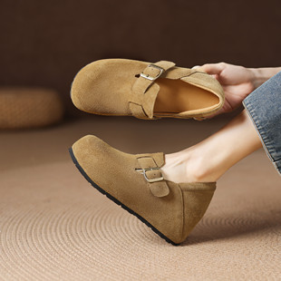 7cm磨砂真皮厚底圆头英伦风小皮鞋女内增高坡跟懒人显瘦高跟单鞋