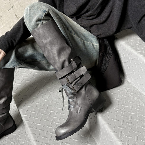 4cm真皮厚底女款骑士靴皮带扣