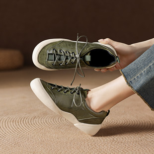 5cm内增高圆头英伦风乐福鞋女真皮复古平底鞋墨绿色系带百搭单鞋