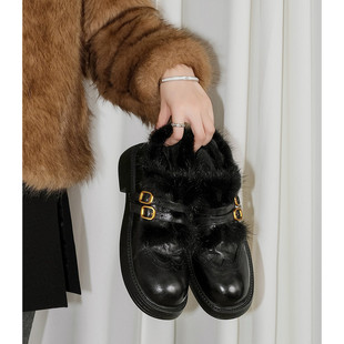4cm粗跟乐福鞋女冬季2025新款中跟加绒毛毛深口单鞋英伦风小皮鞋