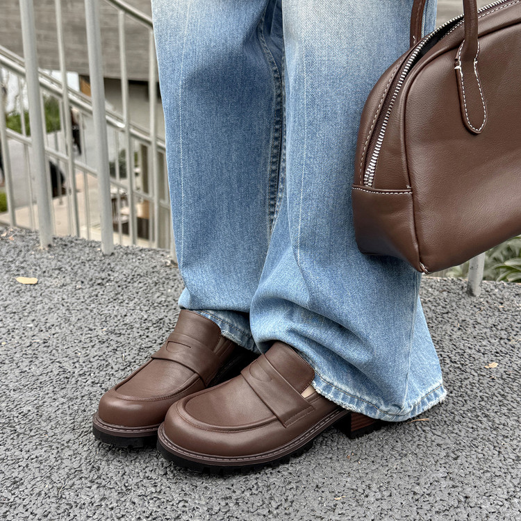 5cm真皮法式粗跟乐福不累脚