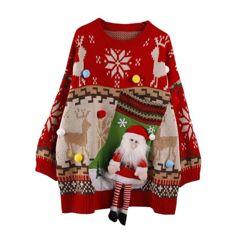 2024秋冬新款韩版毛衣女百搭圣诞老人袜子口袋新款针织衫上衣外穿