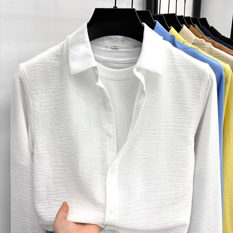 2026春季新款开衫休闲风翻领长袖衬衫男宽松亲肤透气薄款百搭衬衣
