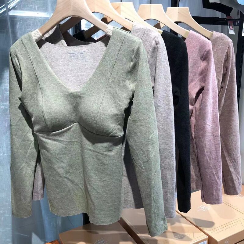 원활한 열 의류 여성용 긴팔 올인원 브래지어 [유방 패드 포함] 빠른 보온베이스 레이어 가을 코트 푸시 업 조끼