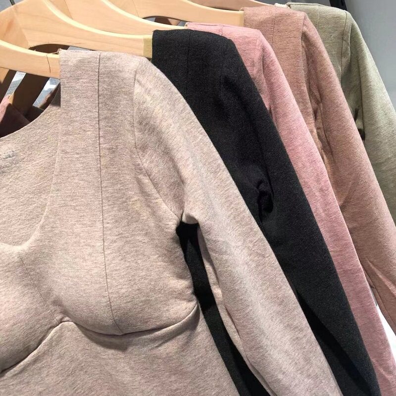 원활한 열 의류 여성용 긴팔 올인원 브래지어 [유방 패드 포함] 빠른 보온베이스 레이어 가을 코트 푸시 업 조끼