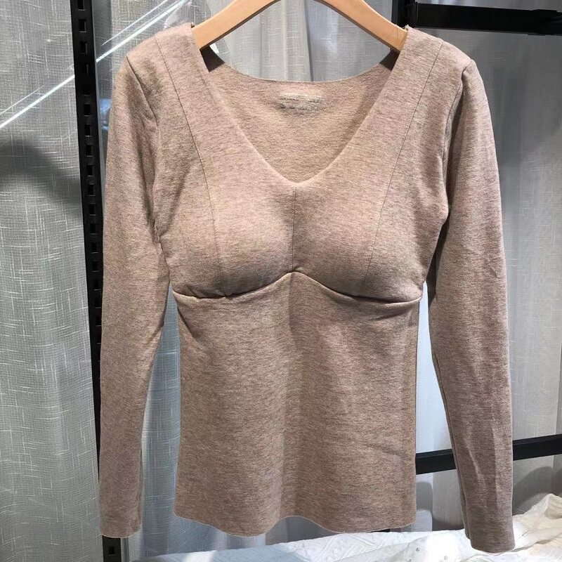 원활한 열 의류 여성용 긴팔 올인원 브래지어 [유방 패드 포함] 빠른 보온베이스 레이어 가을 코트 푸시 업 조끼