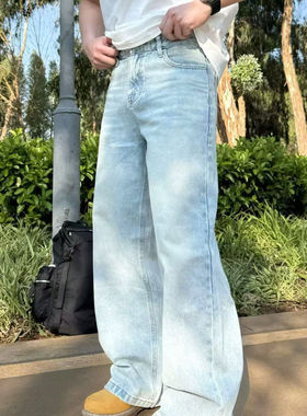 22TREE美式复古冰蓝染牛仔裤男季vibe风做旧直筒阔腿裤高街潮长裤