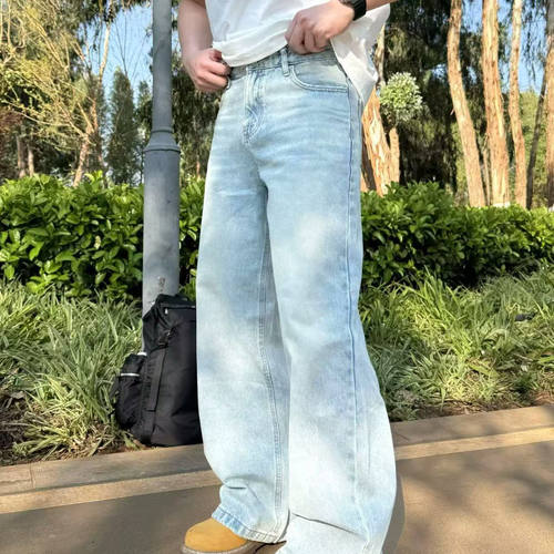 22TREE美式复古冰蓝染牛仔裤男季vibe风做旧直筒阔腿裤高街潮长裤