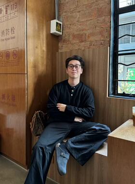 22TREE美式小众中性亨利领T恤宽松休闲秋冬内搭打底衫上衣长袖