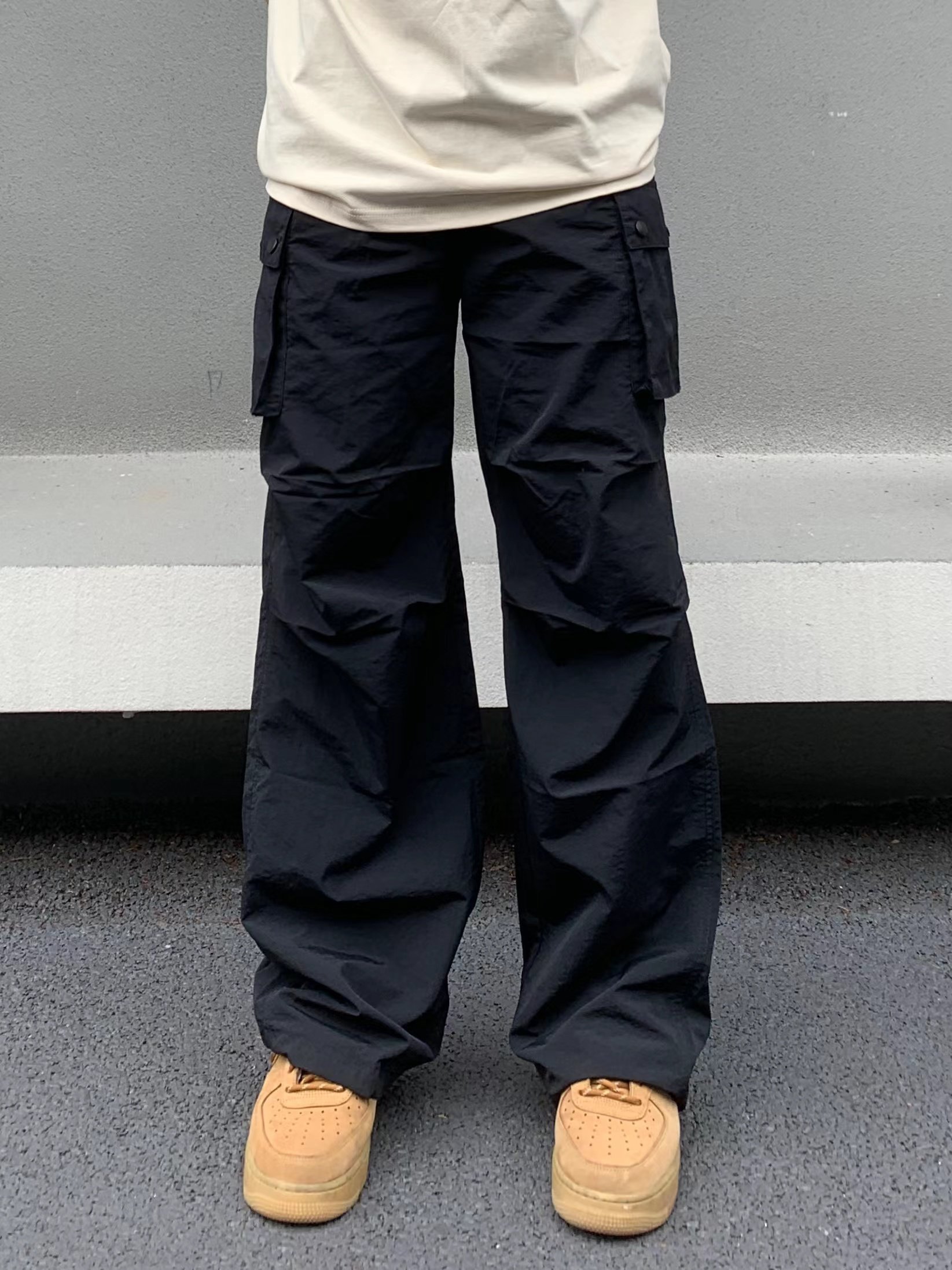 22TREE街头美式宽松多口袋日系阔腿尼龙工装裤男女垂感抽绳休闲裤_虎窝淘