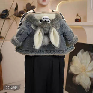 儿童洋气棉衣加绒连帽外套2025秋冬装中小童休闲男女加厚牛仔外套