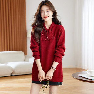 红色毛衣女款2026新款冬季高级感钉珠小个子遮屁股打底羊毛衫
