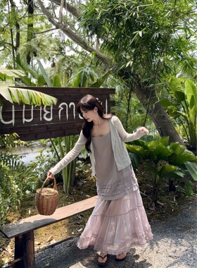 实拍~度假风防晒薄款针织开衫+紫色吊带假两件连衣裙套装女10916