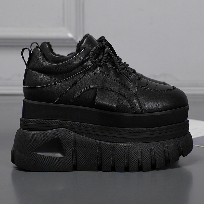 加绒老爹鞋女2024新款秋冬季厚底增高11CM运动鞋时尚休闲皮面棉鞋