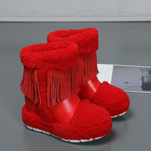 欧洲站2023秋冬新款 大红色羊毛靴厚底内增高雪地靴女短靴加绒保暖