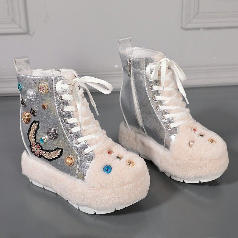 欧货羊羔毛毛鞋女系带厚底休闲鞋ins潮内增高短靴加绒棉鞋水钻鞋,女鞋,时尚雪地靴,淘宝优惠券,粉丝福利购,淘宝优惠卷