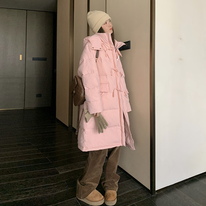 牛角扣白鸭绒面包羽绒服女中长款外套2024新款冬季学生小个子连帽,女装羽绒服,杭阁服饰