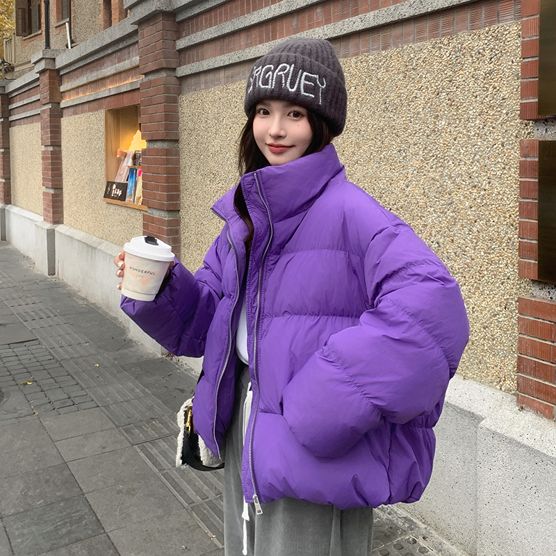 超好看紫色短款羽绒服女2024冬季新款小个子立领白鸭绒加厚面包服，女装羽绒服，杭阁服饰