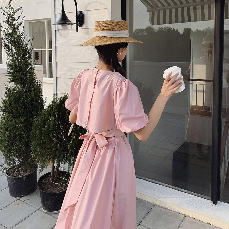粉色设计感后背露腰连衣裙女2025春季新款法式独特漂亮气质茶歇裙,女装连衣裙,杭阁服饰