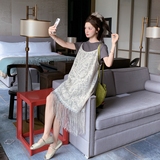 蕾丝刺绣印花流苏吊带罩衫裙灰色t恤裙新款小个子连衣裙夏，女装连衣裙，杭阁服饰