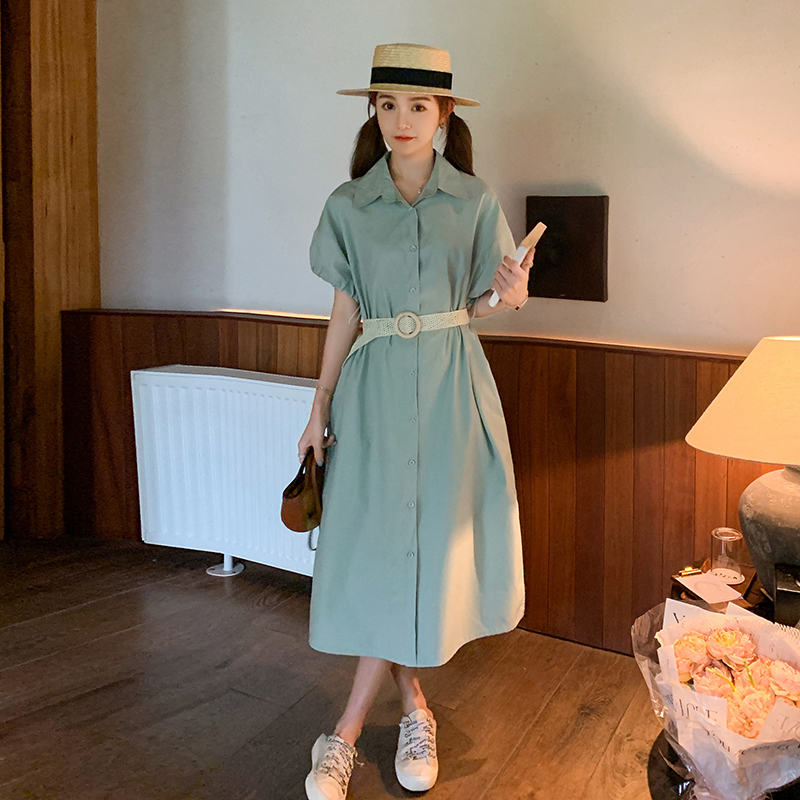 2025年夏季新款法式小清新小众浅绿色衬衫裙女气质收腰显瘦连衣裙，女装连衣裙，杭阁服饰