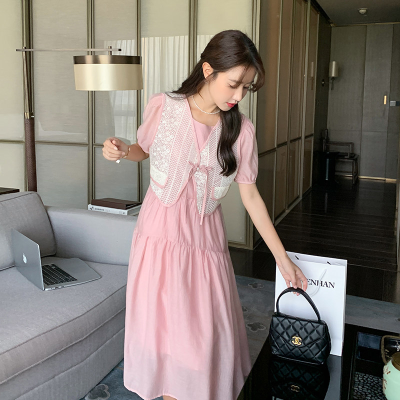 粉色蕾丝提花马甲连衣裙2025夏季新款温柔甜美减龄显瘦连衣裙,女装连衣裙,杭阁服饰