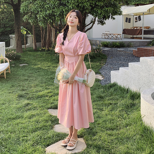 粉色设计感后背露腰连衣裙女2025春季新款法式独特漂亮气质茶歇裙,女装连衣裙,杭阁服饰