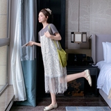 蕾丝刺绣印花流苏吊带罩衫裙灰色t恤裙新款小个子连衣裙夏，女装连衣裙，杭阁服饰