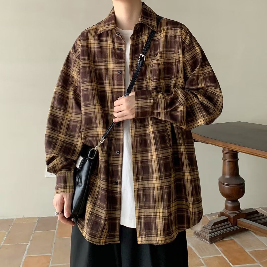 港风格子衬衫男款春秋季高级感长袖衬衣潮流潮牌高街休闲百搭外套