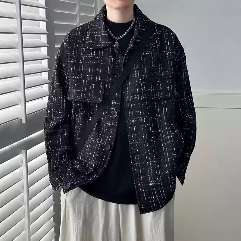 韩系小香风外套男早春高级感情侣春季格子休闲夹克黑色衬衫上衣男