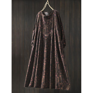 秋季 宽松圆领连衣裙女文艺显瘦印花复古外穿长裙百搭A字裙子 新款