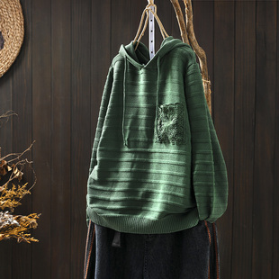 条纹蕾丝保暖针织衫 宽松连帽毛衣女文艺显瘦长袖 套头上衣 新款 秋季