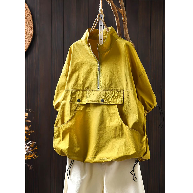 夏季新款宽松立领T恤女文艺显瘦五分袖套头拼接短袖纯棉口袋上衣