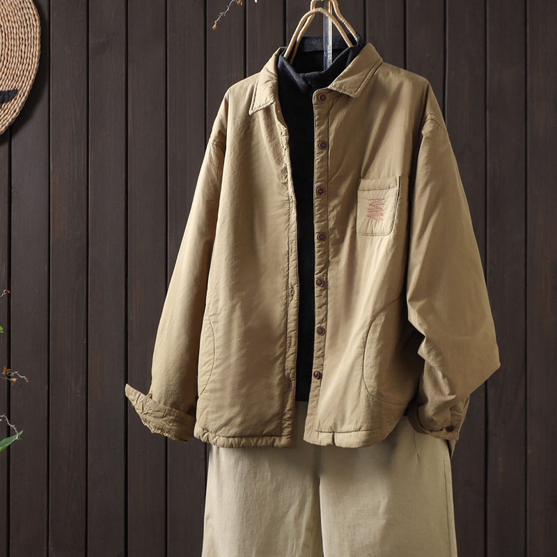 秋冬宽松衬衫领小棉袄女士文艺纯色翻领棉服夹棉轻薄款棉衣短外套