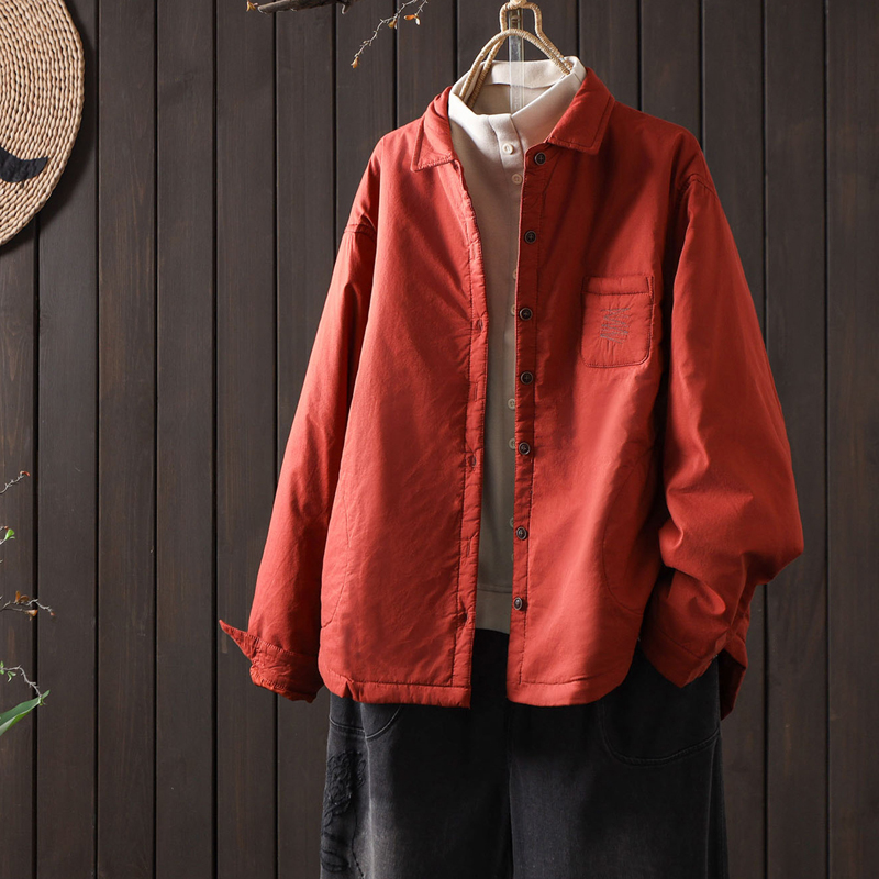 秋冬宽松衬衫领小棉袄女士文艺纯色翻领棉服夹棉轻薄款棉衣短外套