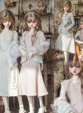 bjd4分3分大3分拼接袖米杏浅肉色鱼尾针织打底裙毛绒外衫成品娃衣