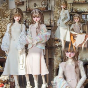 bjd4分3分大3分拼接袖米杏浅肉色鱼尾针织打底裙毛绒外衫成品娃衣