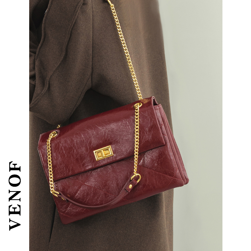 维洛芬单肩信封包酒红色链条包