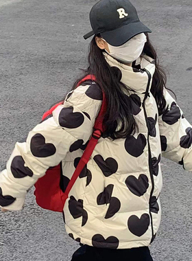 太阳照常升起 国潮90白鸭绒爱心印花羽绒服冬季立领情侣外套RERM