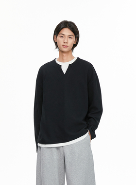 TSAS 秋冬美式假两件华夫格纯色长袖T恤320克圆领针织衫百搭情侣