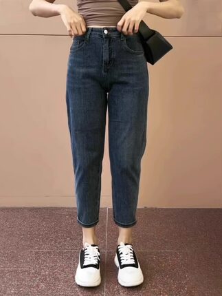 哈伦牛仔裤女秋冬新款大码胖mm高腰宽松显瘦九分百搭老爹裤