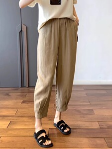 大码冰丝休闲裤女2024夏季新款胖妹妹超柔高腰弹力显瘦九分哈伦裤