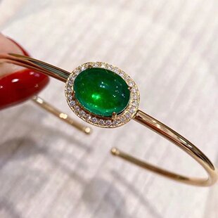 18K金配南非钻石镶嵌女款 4.06克拉天然素面荧光祖母绿手镯送证书