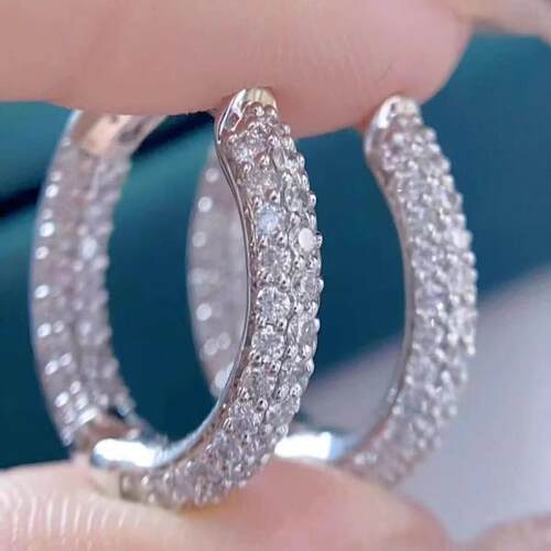 18K白金女款镶嵌1克拉天然南非高品质钻石满钻耳圈真金真钻送证书