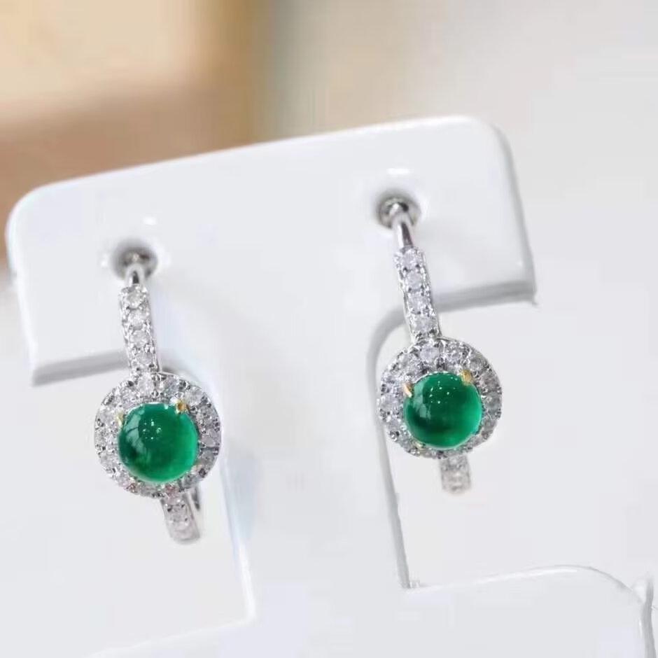 18K金女镶南非高品质钻石 0.45克拉天然祖母绿耳圈真金真钻送证书