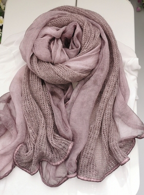围巾女2024新款冬季浅紫色真丝羊绒毛线拼接韩版文艺长款纱巾时尚