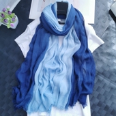 竹节棉蓝染双色渐变围巾女春秋薄款 蓝色超长文艺百搭毛边棉麻亚麻