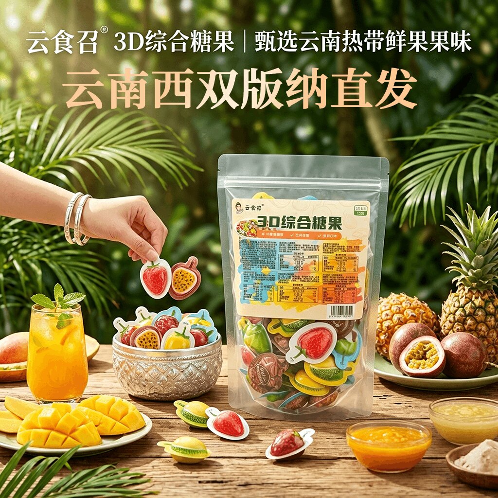 西双版纳3D型榴莲糖椰子糖芒果糖果味软糖奶糖网红零食云南特产