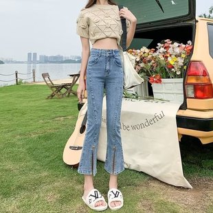 2026年春季女装小个子裤子高腰牛仔裤女九分裤开叉新款喇叭裤女款